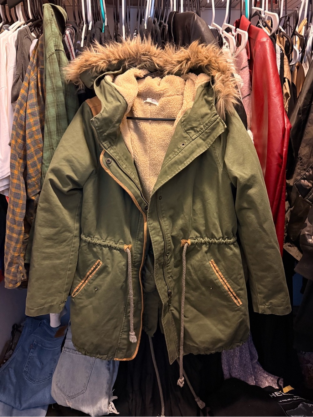 Honey Punch Olive Green Utility Parka with Faux Fur Hood